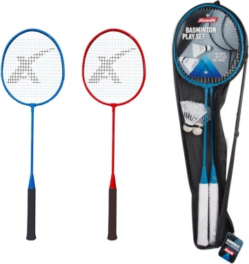 set of badminton rackets and shuttlecocks in a case
