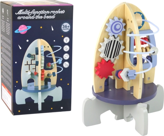 Wooden educational rocket with bead maze and gears