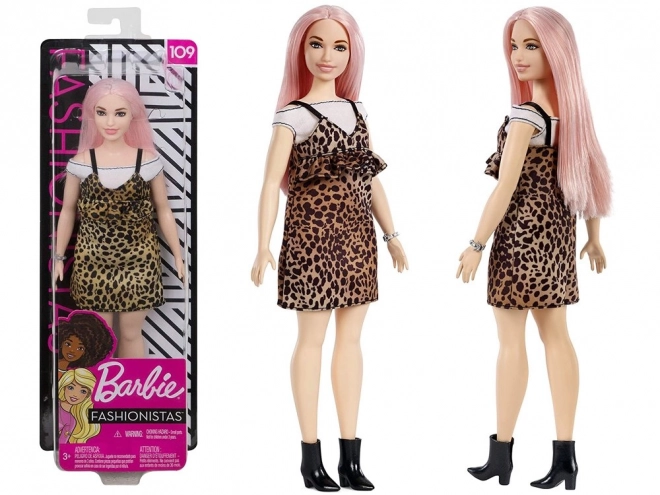 Barbie Fashionistas doll with pink hair and a leopard-print dress
