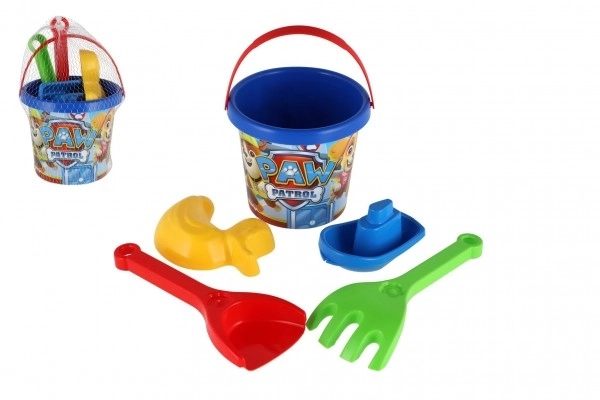 Zandset 5 stuks plastic Paw Patrol/blauwe Paw Patrol in net 12x22x12cm 12m+ Wader