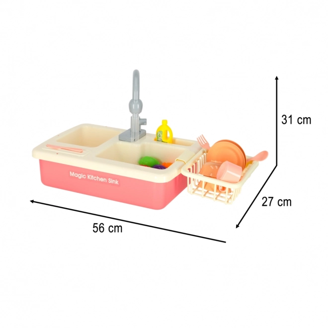 Kinderkeuken gootsteen met echt water en roze accessoires