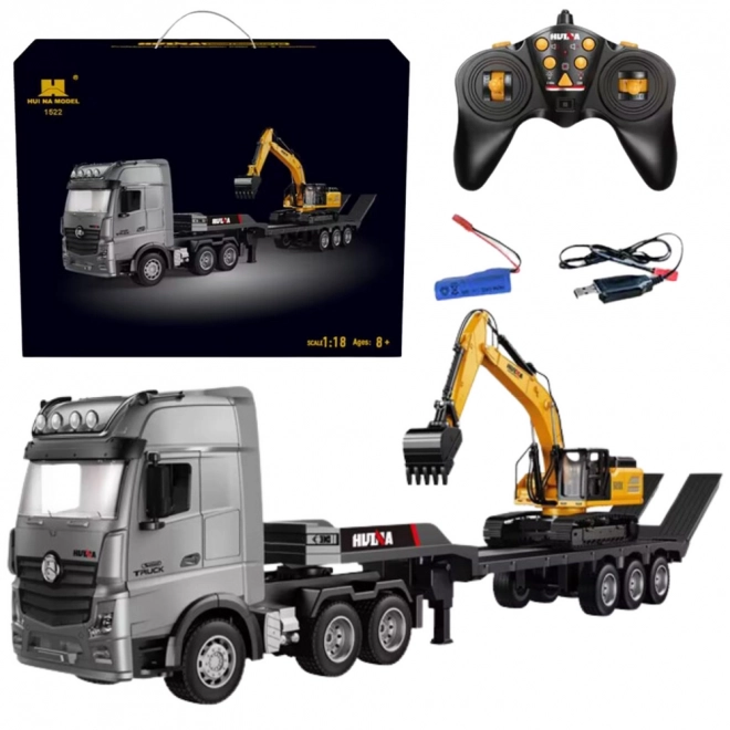Remotely Controlled Truck with Trailer and Excavator Huina 1:18