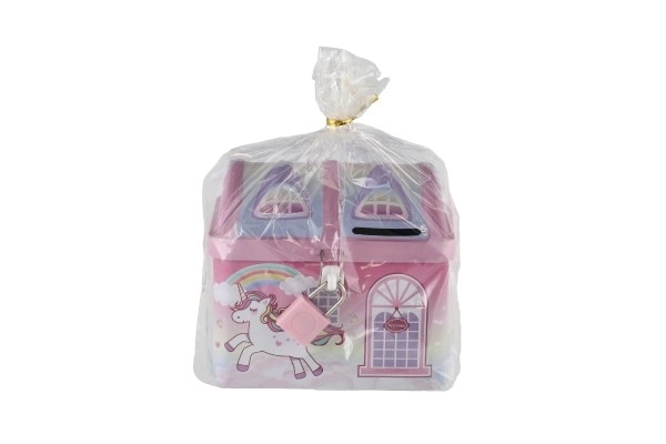 Einhorn Hausförmige Spardose aus Blech mit Schloss Rosa