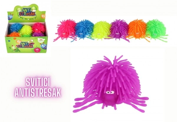 Boule anti-stress araignée silicone compressible 10cm à piles avec lumière 6 couleurs en sachet 16 pièces en boîte