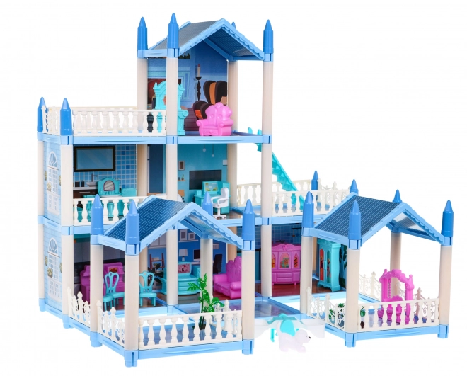 Drie verdiepingen tellend poppenhuis Cadeau voor meisjes 6+ Blauwe villa met accessoires