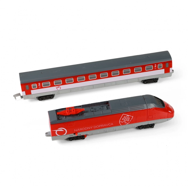 Trein Železničná Spoločnosť Slovensko met rails 18 stuks plastic op batterijen met geluid, licht in doos.