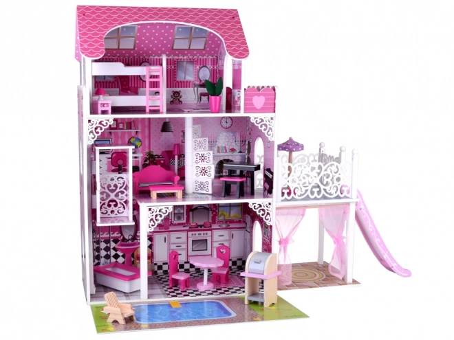 Großes Holzpuppenhaus mit Rutsche, Pool und LED-Beleuchtung