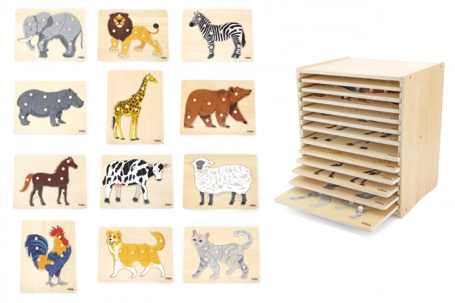 Set houten puzzels 12 dieren Montessori met standaard Viga