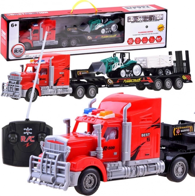 RC vrachtwagen met dieplader en tractor met aanhanger – Rood