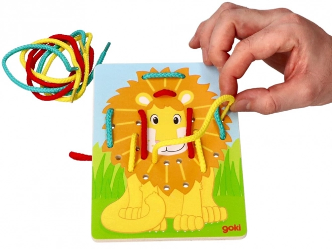 Houten rijgspeelgoed Goki - Papegaai, Leeuw en Zebra