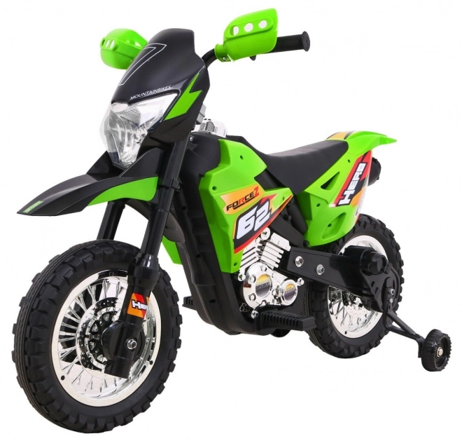 Moto cross électrique pour enfants à batterie – verte, avec roulettes stabilisatrices et feux LED