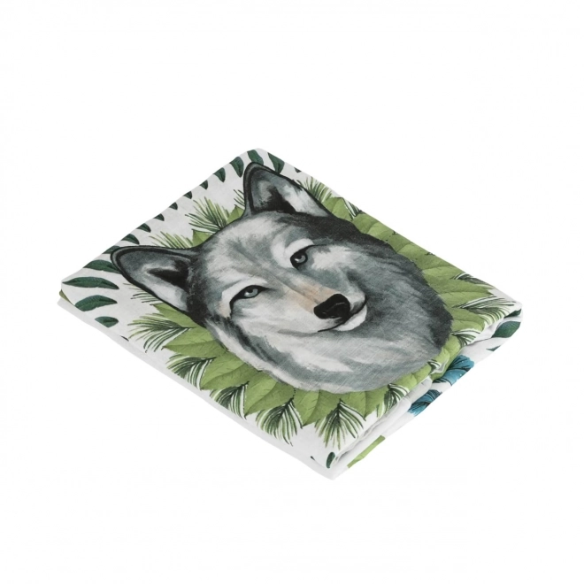 Bamboe mousseline deken Tommy Lise met motief van een wolf 106x106 cm