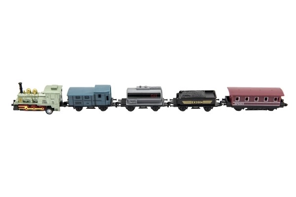 Trein/locomotief en wagens 5st metalen/plastic 8cm op terugtrekmechanisme 4 soorten op kaart