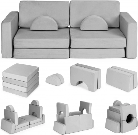 grote modulaire opvouwbare kinderbank 2-zits met 10 zachte kussens – grijs ecotoys