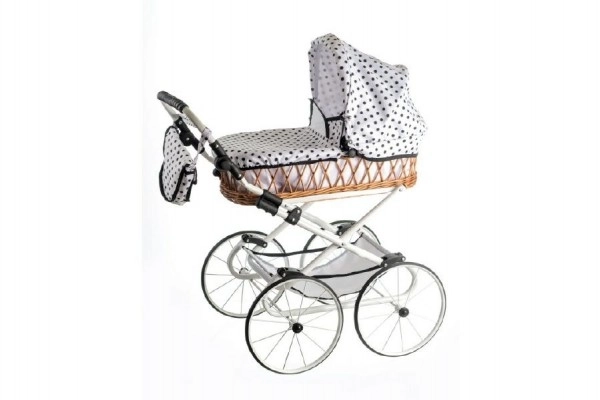 Kinderwagen Monika RETRO rieten wit frame wit met stippen handgreephoogte 76cm verstelbaar