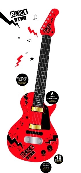 Elektrische Gitaar ROCK STAR plastic 58cm op batterijen met geluid, licht in doos 24x62x5,5cm