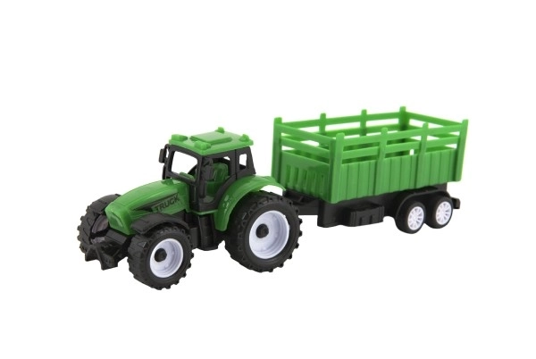 Tractor met aanhanger van plastic 21cm vrij lopend 2 kleuren in doosje 23x9x6cm