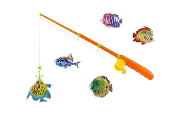 Speelgoed vissen/magneet hengel plastic 5st + hengel plastic 39cm 2 kleuren op kaart