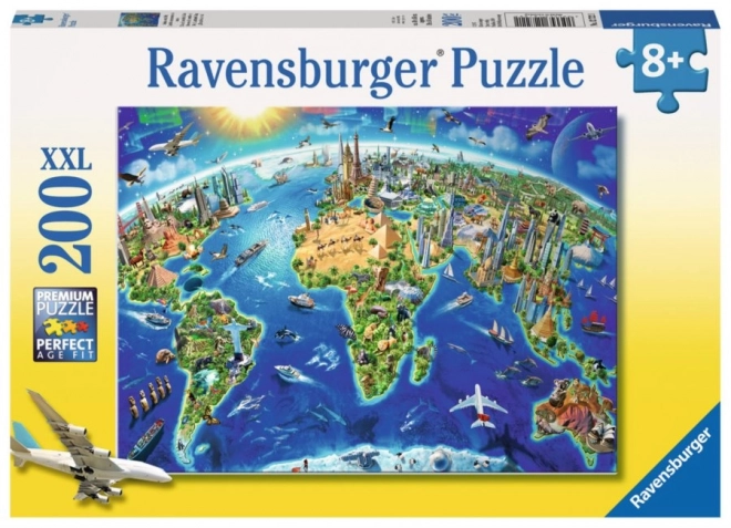 Puzzel Wereldkaart met Monumenten XXL 200 Stukken