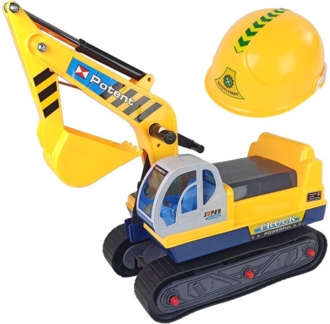 Kids’ ride-on excavator with movable arm and yellow helmet