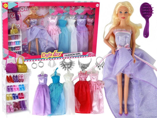 Kinderpop Lange blonde haren Kledingkast Schoenen Jurken Accessoires Paars