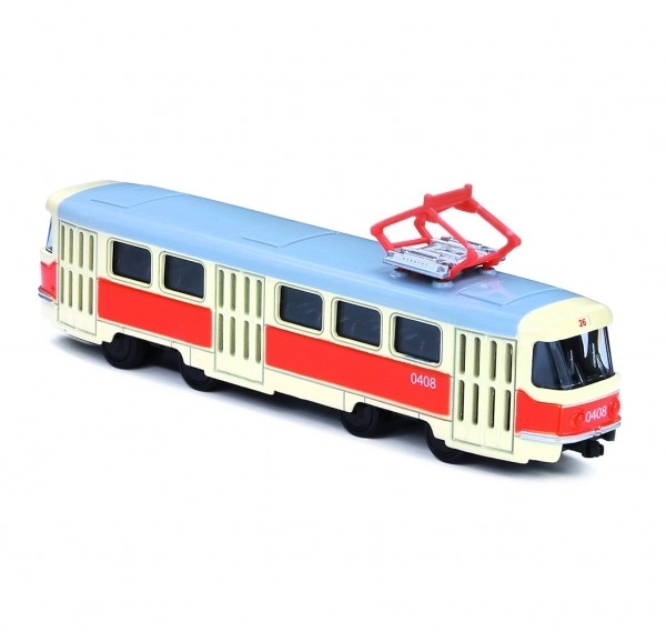 Tram Tatra T3 Tsjechisch metalen 16cm retro met terugloop in doosje 20x8x6cm CZ ontwerp