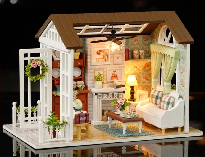 Houten poppenhuis - woonkamer model met LED