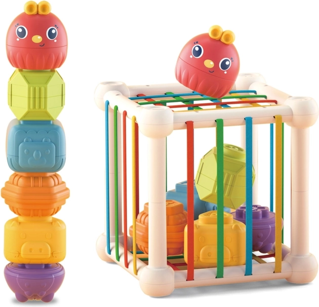 Woopie Baby elastische sensorische kubus en sorteerdoos voor kinderen met diertjes + rammelaar, 7 onderdelen