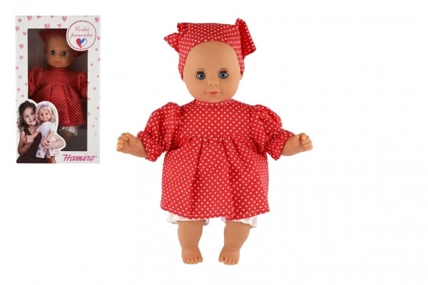 Pop/ Baby Hamiro 30cm, stoffen lichaam jurk rood+ witte stip + hoofddoek in doos 20x35x13cm