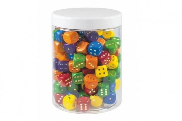 Gekleurde houten dobbelstenen gezelschapsspel 16mm 150 stuks in plastic doos 10x14cm