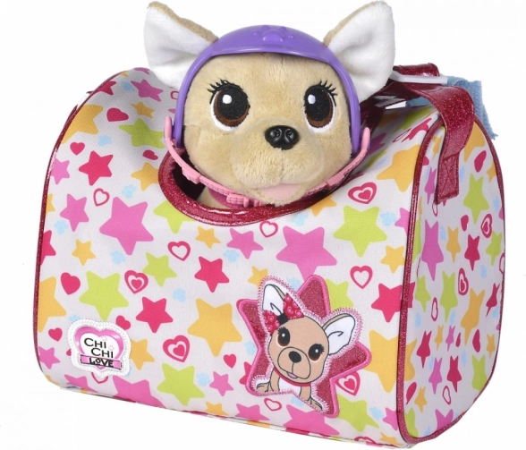 Soft chihuahua with helmet – ready for trips