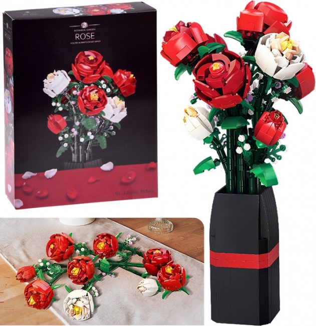 Construction building set: rose bouquet in a vase, 818 pieces