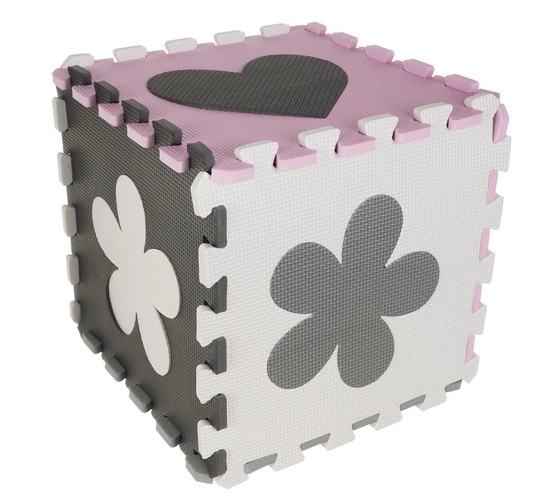 Contrasterende roze schuimpuzzel met hartjes en bloemetjes