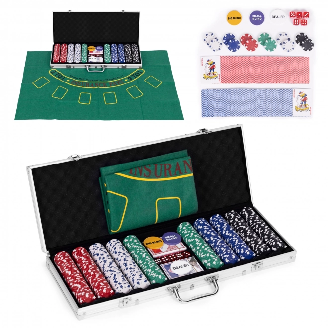 Set Poker et Blackjack – 500 jetons, 2 paquets de cartes, dés, tapis de jeu, mallette verrouillable