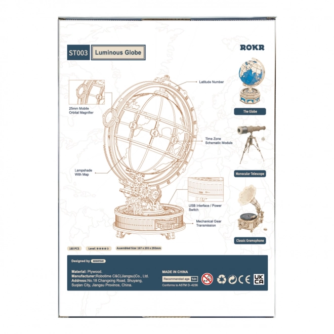 RoboTime 3D houten mechanische puzzel Verlichte globe