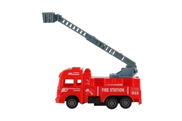 Brandweerauto kunststof 11cm met terugtrekmechanisme 4 soorten 12 stuks in doos