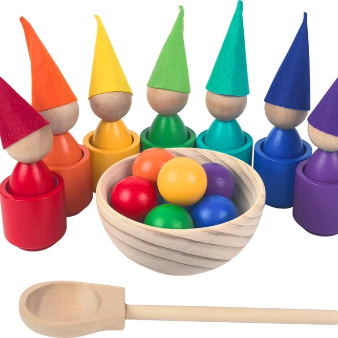 Regenboog poppetjes met balletjes – Montessori houten speelgoed in 7 kleuren