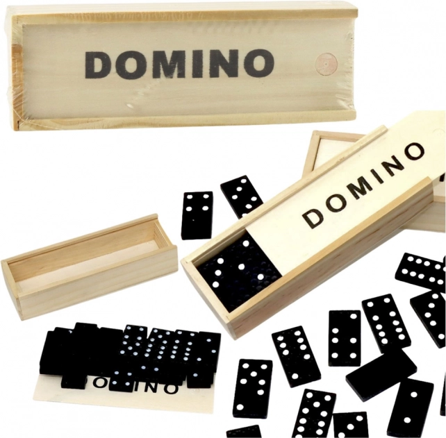 Houten domino in doosje, 32 zwarte steentjes
