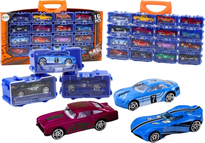 Set of Metal Toy Cars in a Carry Case, 16 Pieces
