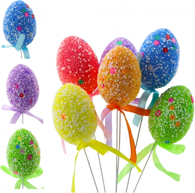 Colorful Easter Eggs on Wire with White Patterns and Ribbon 6 pcs