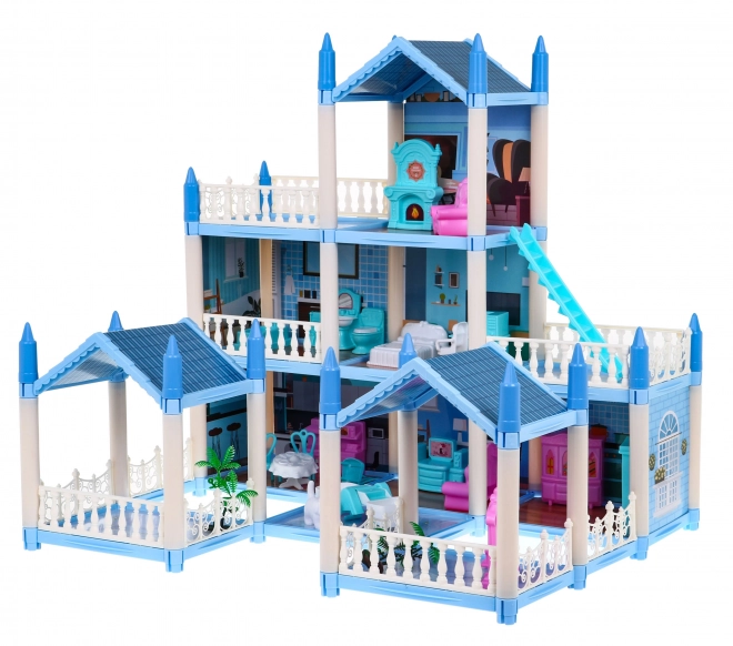 Drie verdiepingen tellend poppenhuis Cadeau voor meisjes 6+ Blauwe villa met accessoires