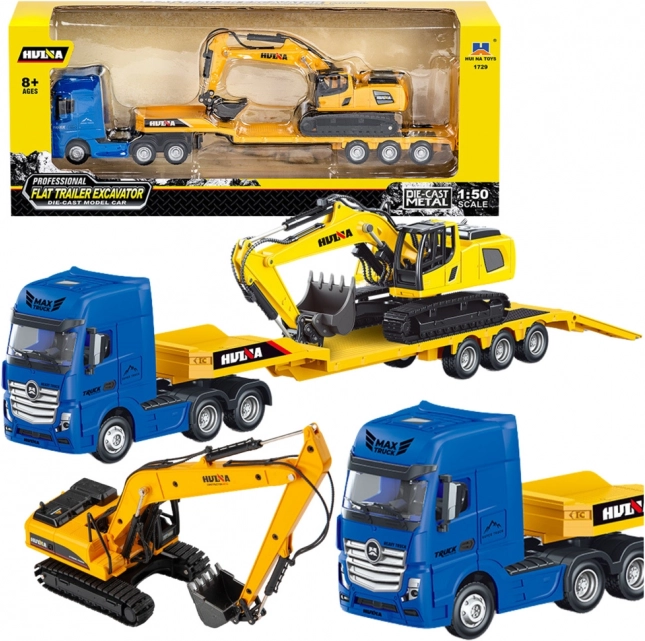 Metalen trekker met laagbedoplegger en graafmachine HUINA 1:50 geel