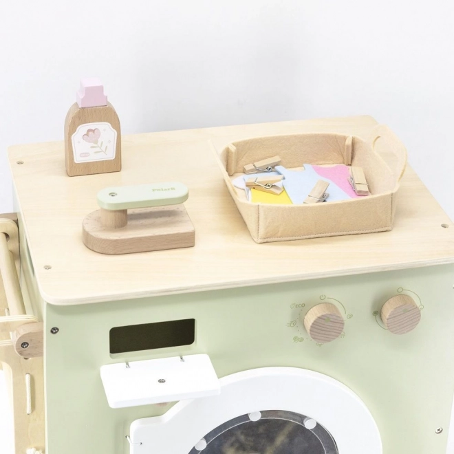 Houten wasmachine met plank, droger en accessoires