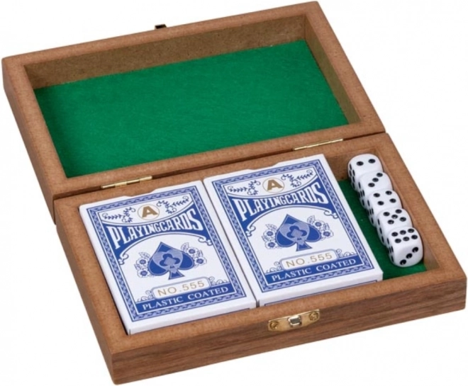 Playing cards and dice in a wooden box