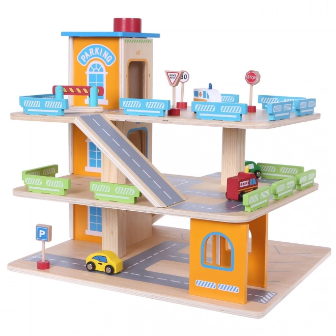Houten garagebaan met lift + speelgoedauto's Ecotoys