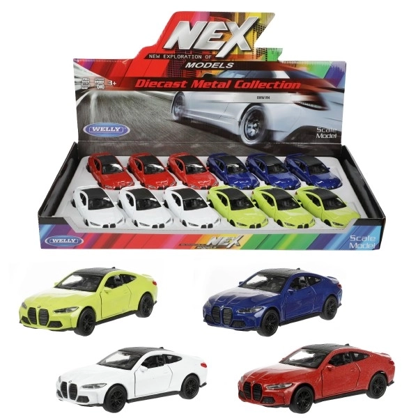 Auto Welly BMW M4 metaal/plastic 12cm 4 kleuren op terugtrek