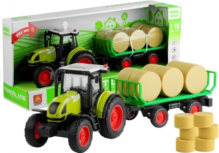 Green tractor with trailer and hay bales with lights and sounds 37.5 cm