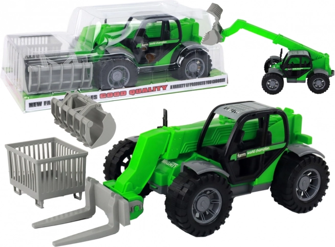 Tracteur vert avec bras télescopique et accessoires interchangeables