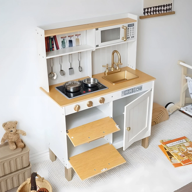 Houten speelkeuken voor kinderen met geluiden en LED-verlichting, groot, met deurtjes die open kunnen en 7 accessoires, ECOTOYS