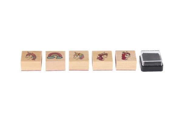 Houten stempels 5+1 met kussen eenhoorns 3x3cm op kaart